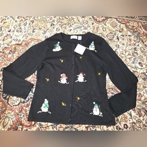 NWT Emma Black Snowman Cardigan Sweater. Womens Large